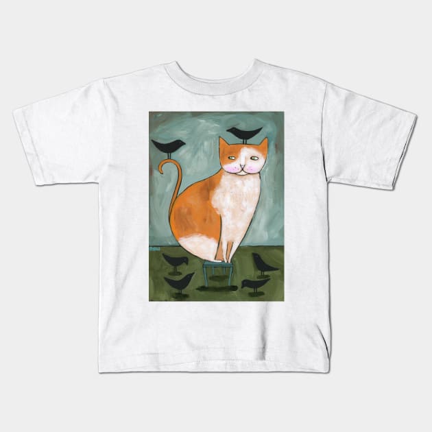 Ginger Cat With Crow Friends Kids T-Shirt by KilkennyCat Art